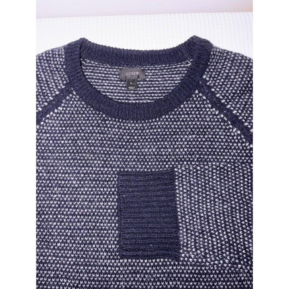 J.Crew Birdseye Sweater Men’s Large Lambs Wool Navy Blue Ribbed Knit Crew Neck